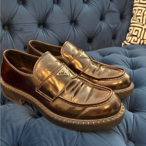 Prada Men's Shiny Brown Slip-On Loafers - Picture 1 of 16
